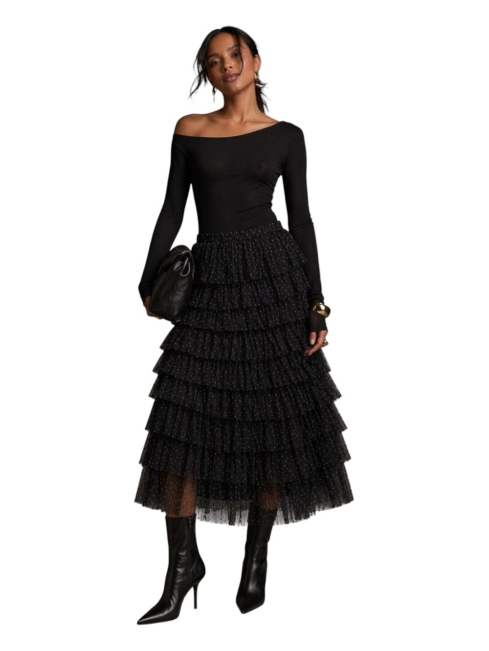 Cupcakes & Cashmere Black Tiered Tulle Midi Skirt Glam Sheer Layers Size Large - Picture 2 of 13